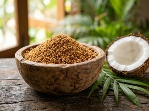 Organic coconut sugar granules in a wooden bowl with fresh coconut