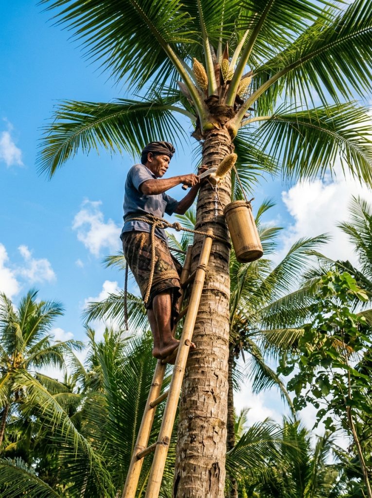 Farmer tapping coconut palm sap
