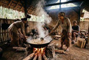 Traditional cooking of coconut sap into coconut sugar